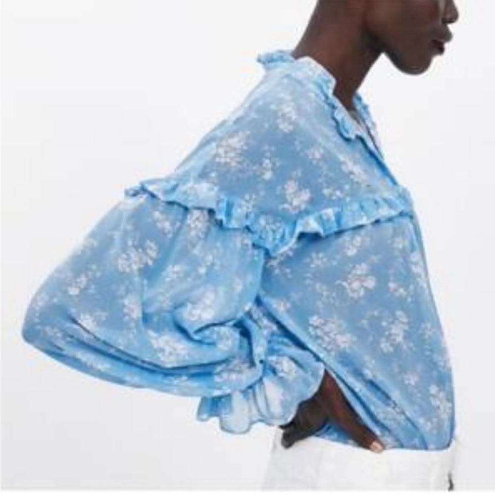 Zara Blue Floral Ruffle Button Front Blouse Size S - Picture 3 of 16
